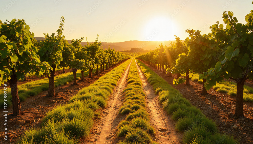 Naklejka premium Rustic vineyard path under golden sunset, serene exploration, Walking Trails, Mild Weather