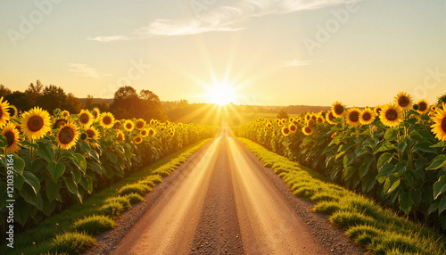 Scenic country road bathed in golden sunlight, nature's beauty, Walking Trails, Mild Weather photo