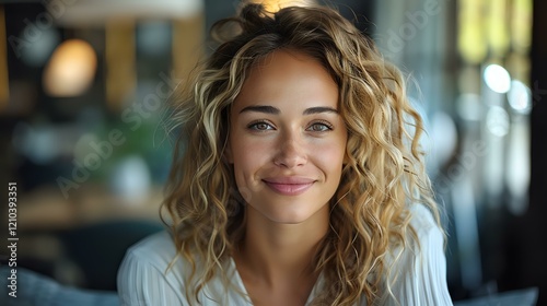 Wallpaper Mural Young Caucasian woman with curly blonde hair and natural makeup smiling warmly at camera, perfect for lifestyle, beauty, dental care or wellness advertising campaigns. Professional headshot Torontodigital.ca