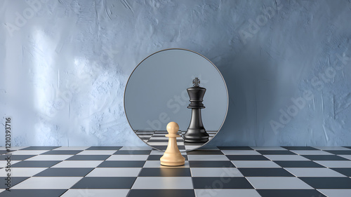 Create a conceptual image featuring a chess pawn standing on a checkered chessboard, facing a circular mirror.