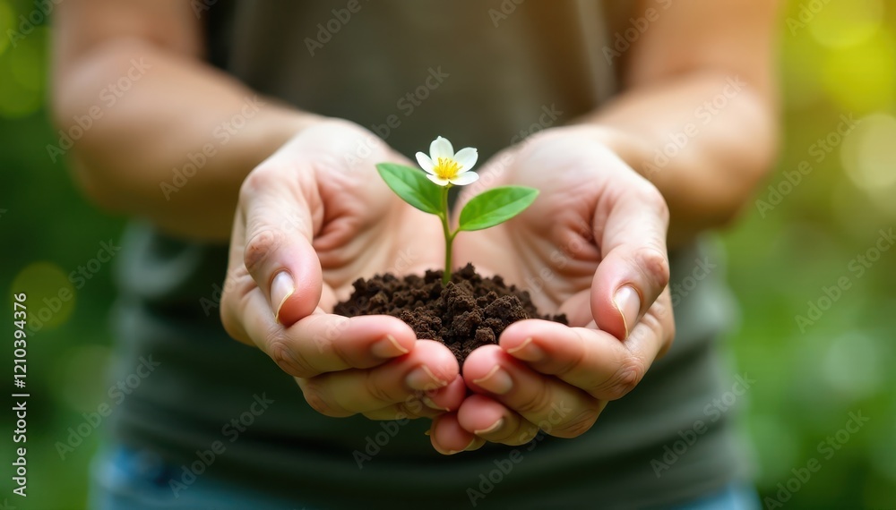 Pair of hands gently holding a small flowering plant against a blurred natural backdrop, spring, botanical Pair of hands gently holding a small flowering plant against a blurred natural backdrop, spring, botanical