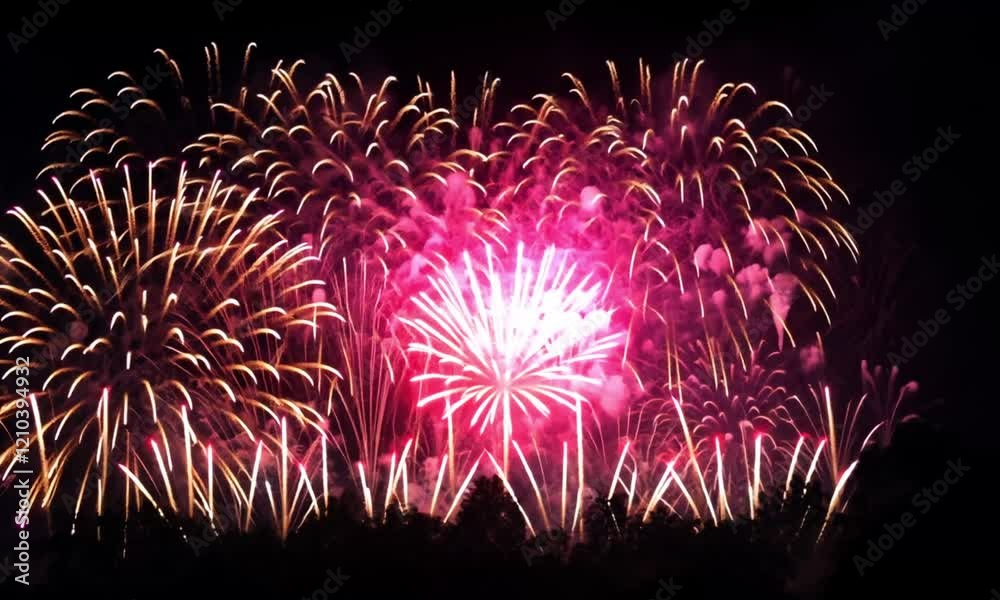 A fireworks display with many different colored fireworks. The fireworks are lit up and are in the air