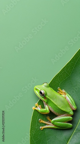 Vibrant green frog on leaf closeup macro shot soft morning light nature environment top angle for seo impact photo