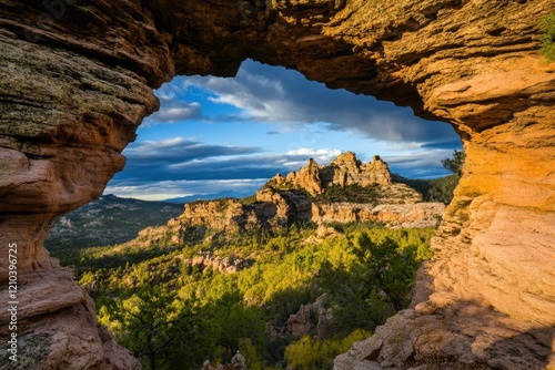 Natural Rock Arch Overlooking Canyon Landscape at Sunset with Dramatic Sky