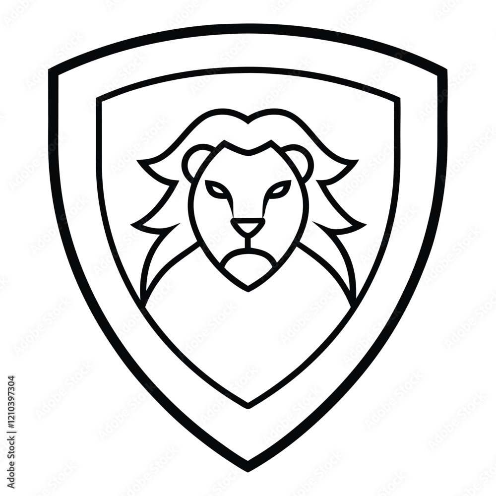 Lion Head in Shield Line Art Vector Illustration and Logo Outline Design Lion Head in Shield Line Art Vector Illustration and Logo Outline Design