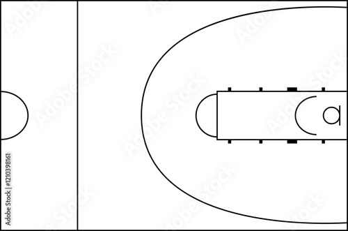 Half Basketball Court Illustration with Simple Black Outlines