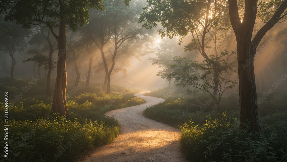 Winding path through foggy forest at golden hour Winding path through foggy forest at golden hour
