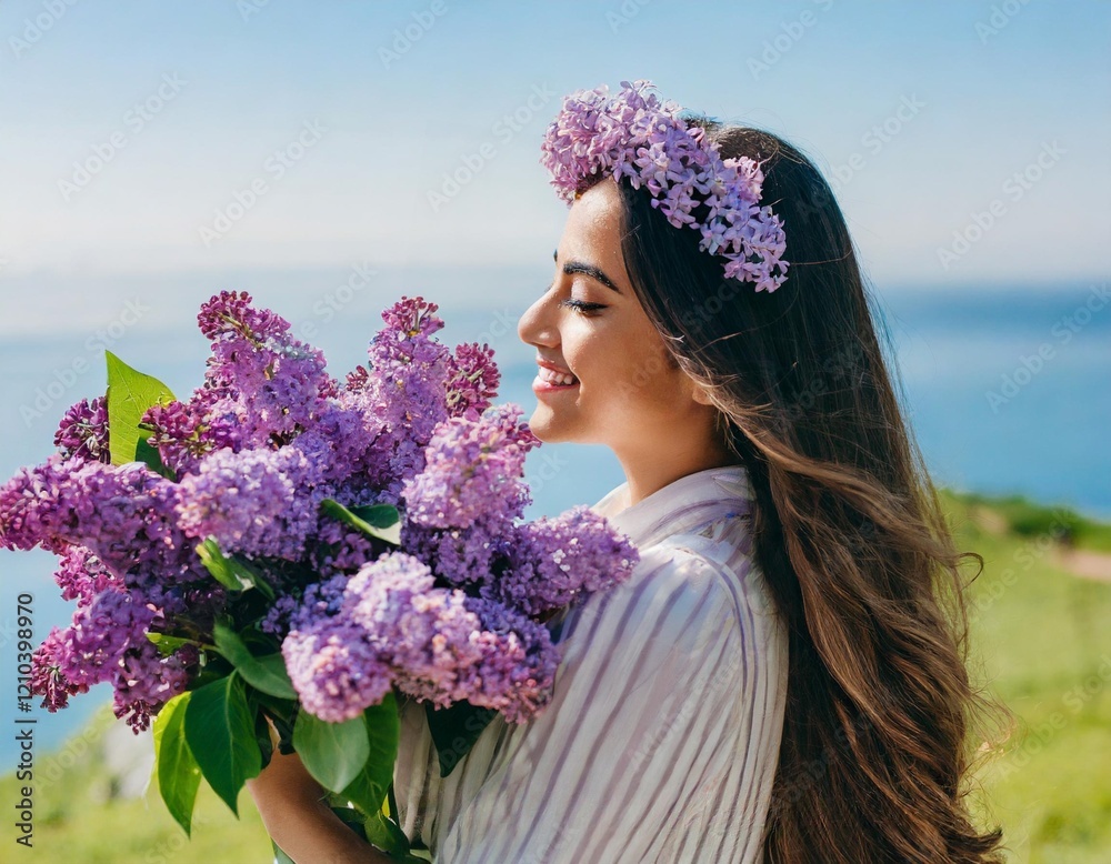 Fototapeta premium Beautiful Girl with Long Loose Hair Wearing a Lilac Flower Crown, Holding a Large Bouquet of Vibrant Lilacs