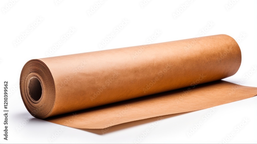 Fototapeta premium Brown Wrapping Paper Roll with Textured Craft Finish, Isolated on White. Ideal for Wrapping or Reusing as Package Sheet