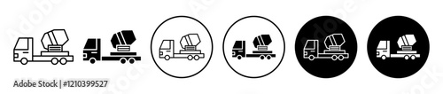 Cement truck icons set in black filled and stroke line style