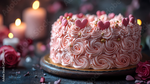 Beautifully Decorated Valentine Cake with Hearts and Pink Frosting