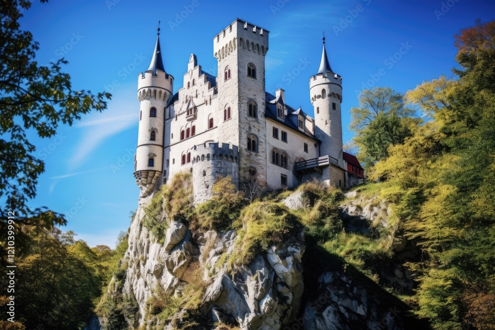 Castle Lichtenstein on a Clear Blue Sky Day in Swabian Alb, Germany. Spacious Copy Area and a Scattered Trees Outdoors