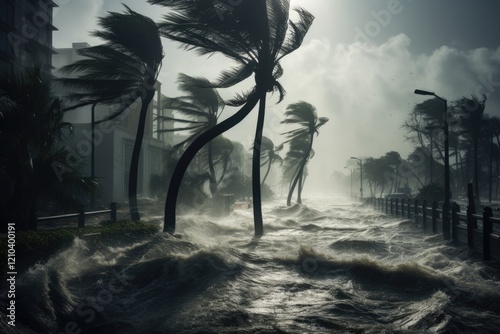 Catastrophic Hurricane Irma Uses Nature's Fury to Devastate Las Olas Blvd: Palm Trees Swirl in Wind and Flooding Water photo