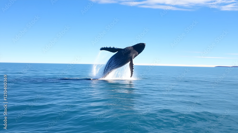 Fototapeta premium A whale breaching, vibrant blue ocean and sky, surrounded by cascading water, wildlife water