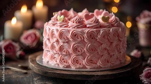 Beautifully Decorated Valentine Cake with Hearts and Pink Frosting