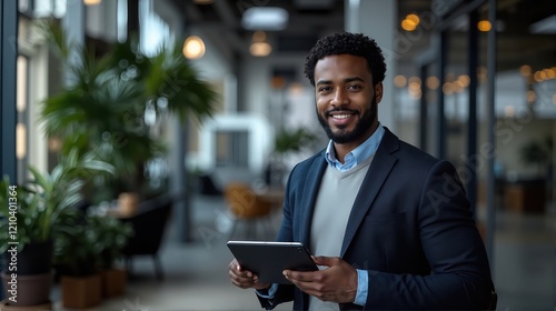 Smiling African-American businessman in a modern office hallway holding a tablet, dressed in formal attire, exuding confidence and approachability.