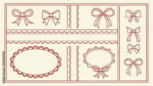 a collection of delicate, hand-drawn-style bows and decorative borders in a muted reddish-brown color.