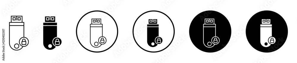 Pendrive security icons set in black filled and stroke line style Pendrive security icons set in black filled and stroke line style