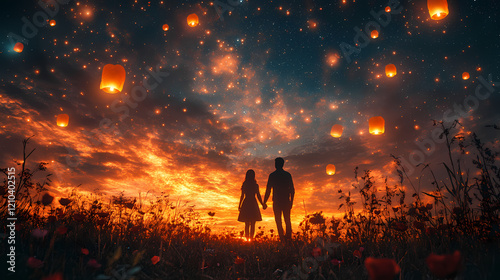 Silhouette of Couple Holding Hands Under Starry Night Sky with Lanterns