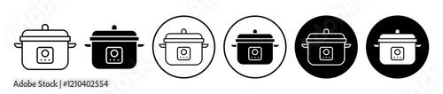 Pressure cooker icons set in black filled and stroke line style