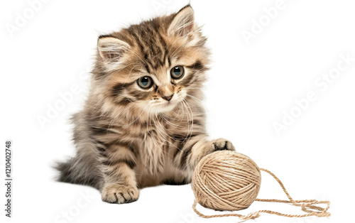 A Fluffy Kitten Playing with a Ball of Yarn and Getting Tangled Isolated on transparent background PNG
