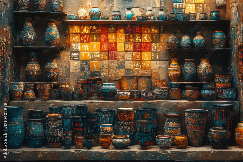 custom made wallpaper toronto digitalAncient collection of intricately painted Egyptian pottery and jars displayed on shelves, featuring vibrant colors and detailed patterns that reflect traditional craftsmanship