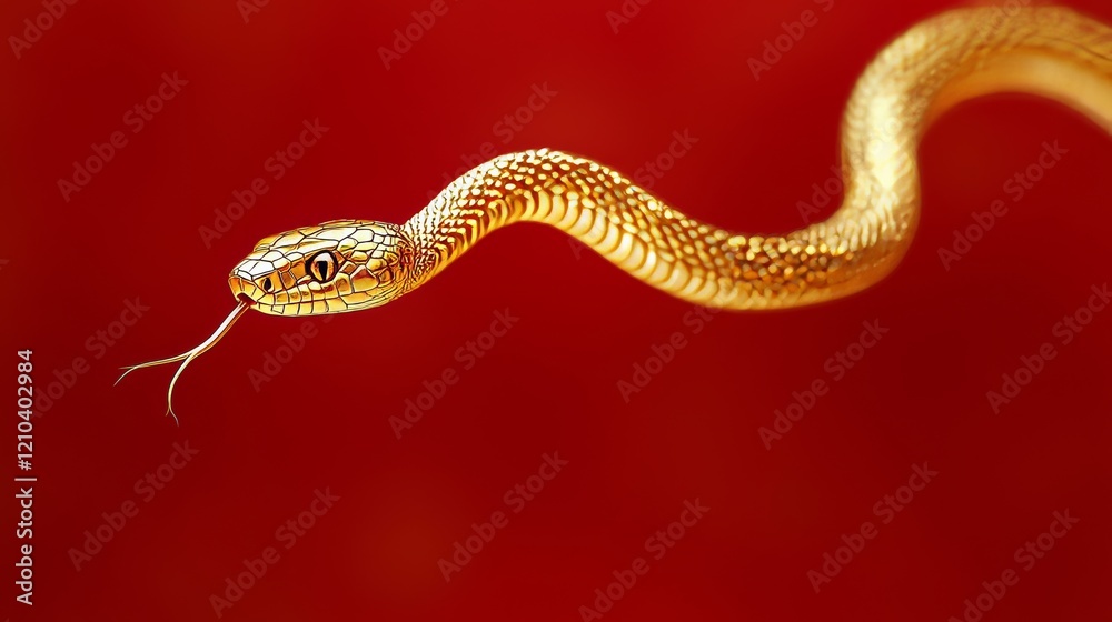 Empty space, a long delicate golden snake hovering and flying in the air, metallic snake, red background, depth of field Empty space, a long delicate golden snake hovering and flying in the air, metallic snake, red background, depth of field