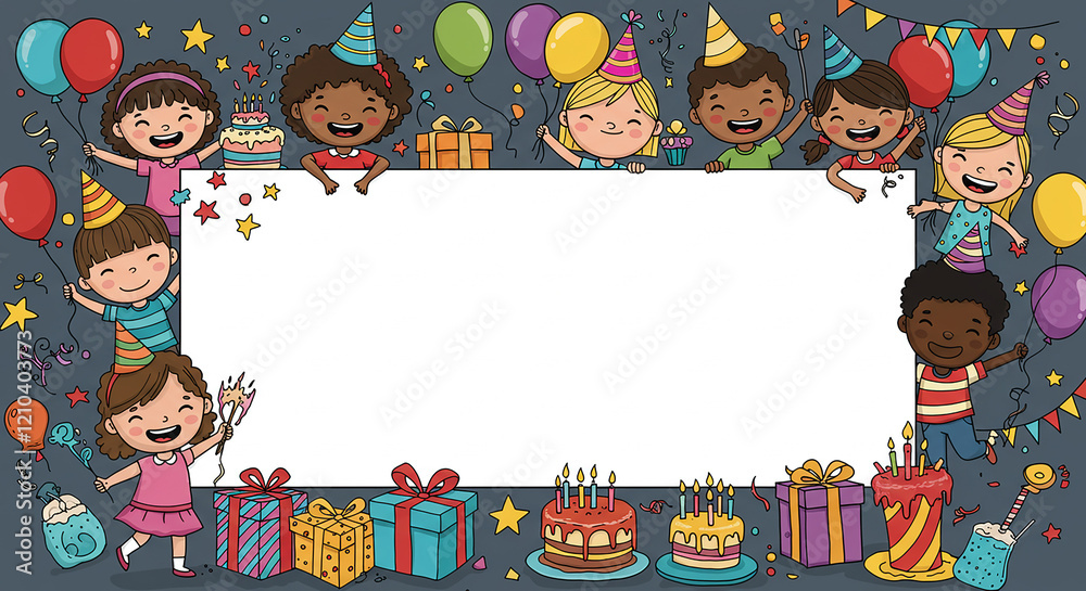 Fototapeta premium Diverse Children s Birthday Party Celebration with Blank Sign Happy Kids Balloons Cakes Gifts