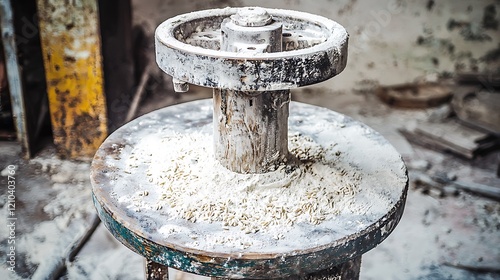 Old grain mill grinding wheat in dusty factory photo