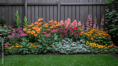 Fototapeta Naklejka Na Ścianę i Meble -  Colorful garden border blooms against fence