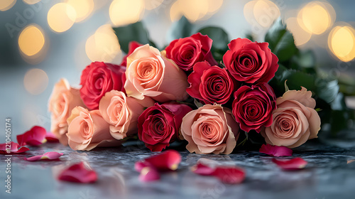 Luxurious Rose Bouquet with Red and Pink Flowers on Marble Table