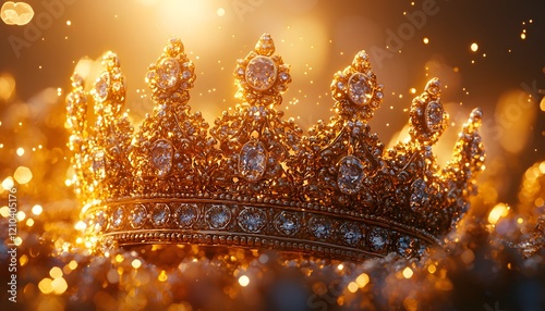 Exquisite Golden Crown Adorned with Sparkling Jewels Surrounded by a Magical Bokeh Background Creating a Luxurious and Regal Atmosphere for Stunning Visual Aesthetics photo