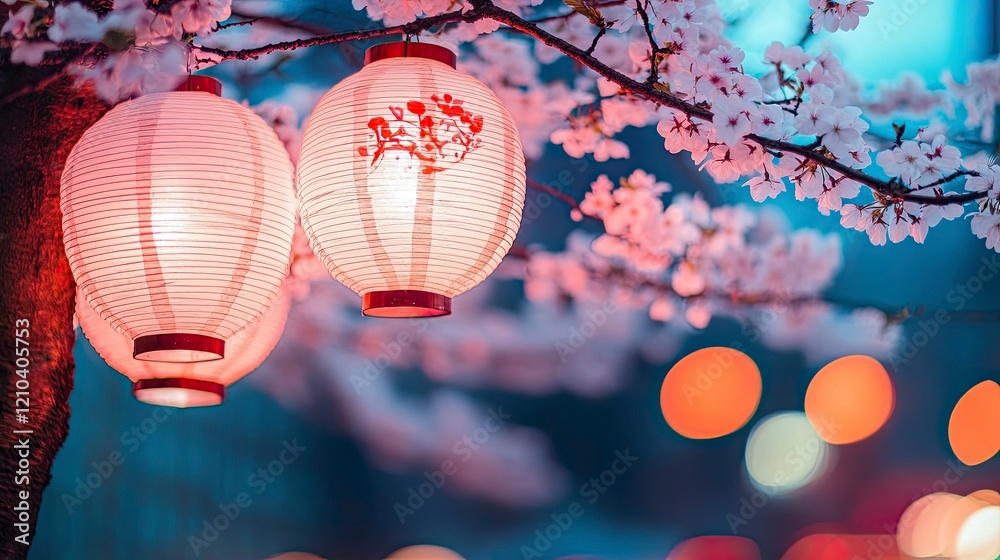 Fototapeta premium Japanese Lanterns Hanging on Cherry Blossom Tree at Night