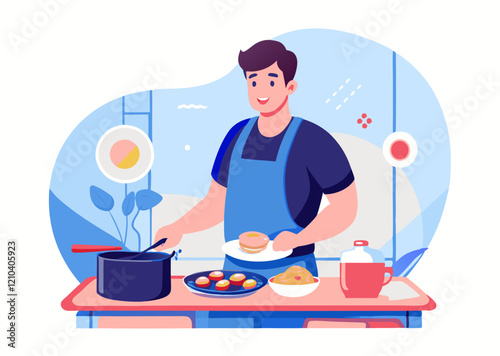 A person cooking breakfast. Cartoon style. Vector illustration.