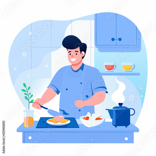 A person cooking breakfast image. Cartoon vector illustration on white background.