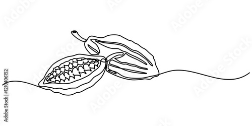 Single continuous line drawing of whole healthy organic cocoa bean for plantation logo identity. Fresh cacao concept for chocolate shop icon, Pro Vector, Continuous one line drawing of whole healthy.
