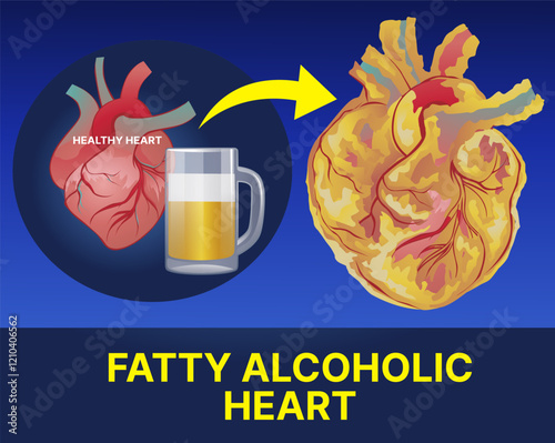 Heart disease. Fatty heart. Alcoholic cardiomyopathy. Long-term consumption of alcohol leads to heart failure. Educational illustration. Healthcare illustration. Vector illustration. 