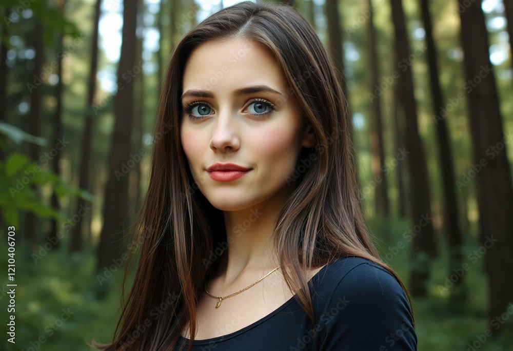 A female standing in a forest with trees and greenery A female standing in a forest with trees and greenery
