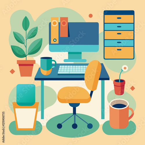Home office setup image. Cartoon style. Vector illustration.