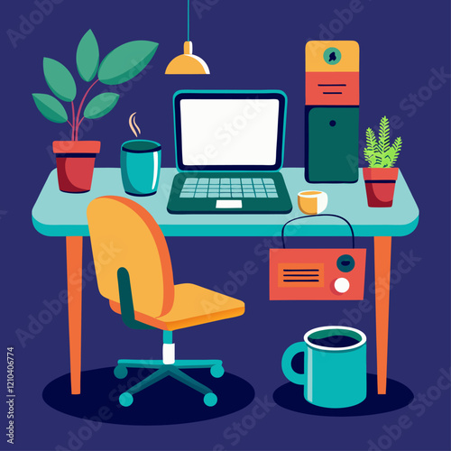 Home office setup image. Cartoon style. Vector illustration.