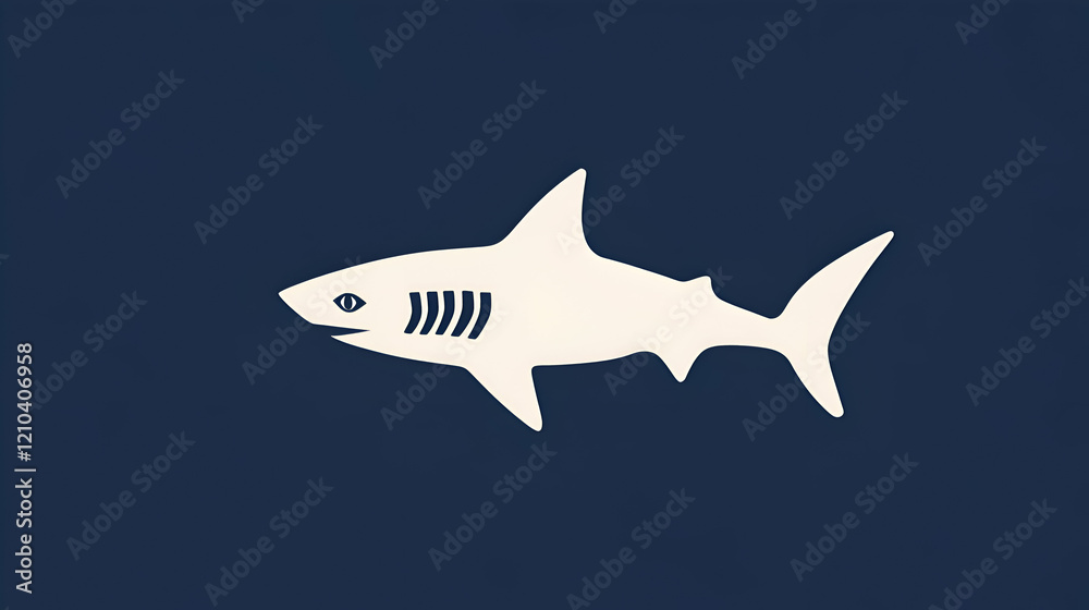 Fototapeta premium Stylish minimalist illustration of a shark, perfect for branding, print, or web design. Cream shark silhouette against a dark blue background.