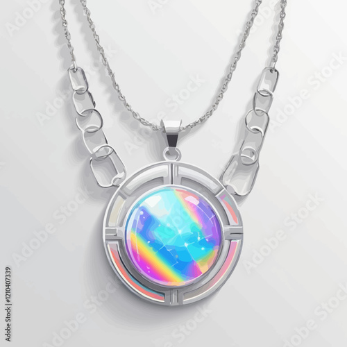 3D holographic necklace with metallic shine, vector illustration for Y2K retro cyber design. Isolated with bright reflective neon rainbow gradients, perfect for futuristic visuals