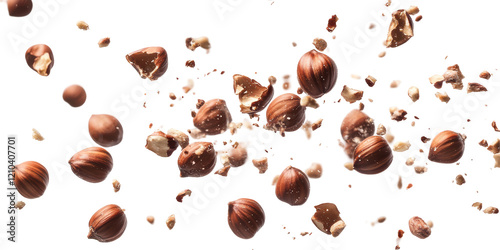 Hazelnuts in motion isolated on transparent background