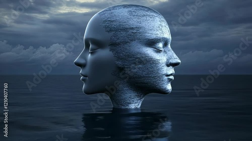 Two faces emerge from calm waters beneath a cloudy sky, reflecting harmony and introspection in a surreal landscape