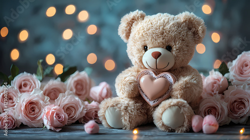 Adorable Teddy Bear Holding Heart-shaped Chocolate Box with Roses