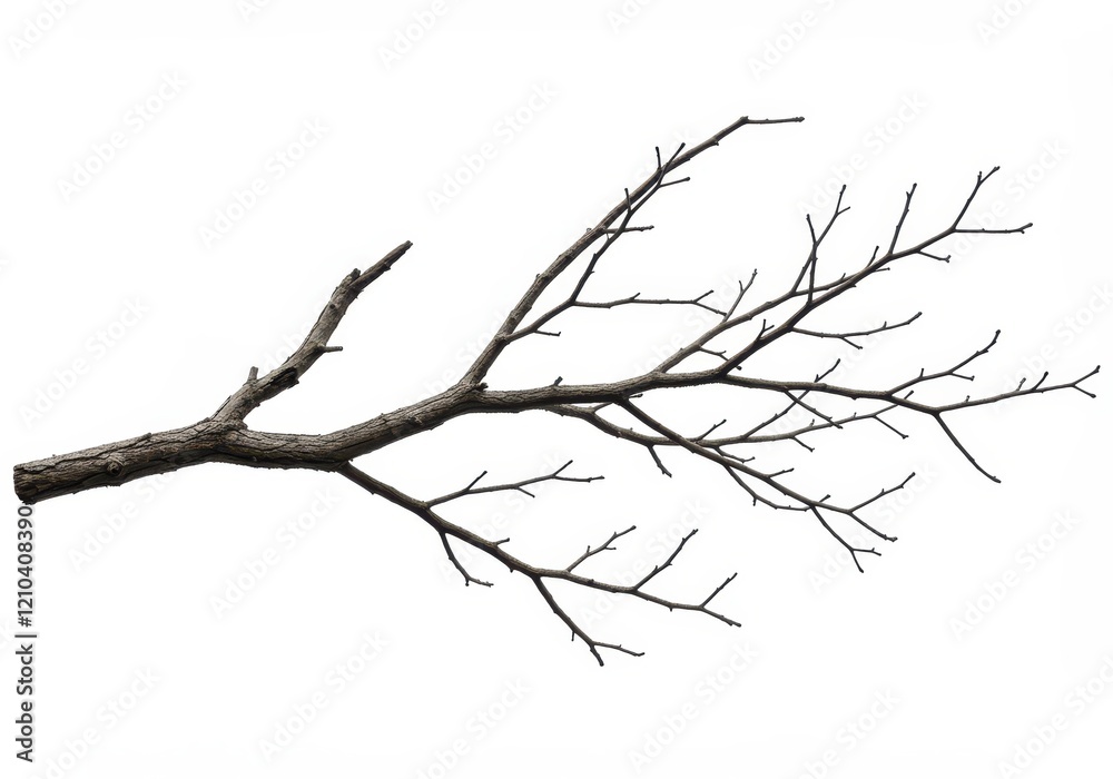A long dry tree branch with multiple thin offshoots isolated on white background A long dry tree branch with multiple thin offshoots isolated on white background