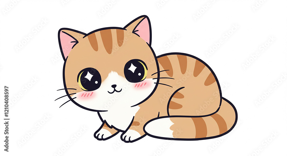 Obraz premium Adorable Orange Tabby Kitten Cartoon Illustration Big Eyes Cute Pet Kawaii Style