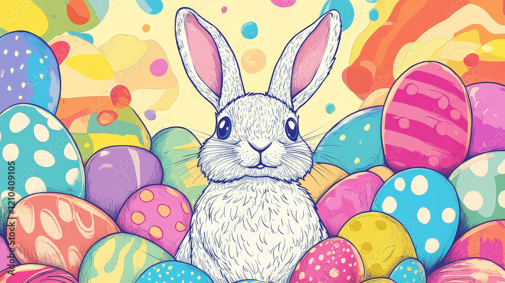 Vibrant Artistic Easter Bunny Surrounded by Decorated Eggs Vibrant Artistic Easter Bunny Surrounded by Decorated Eggs