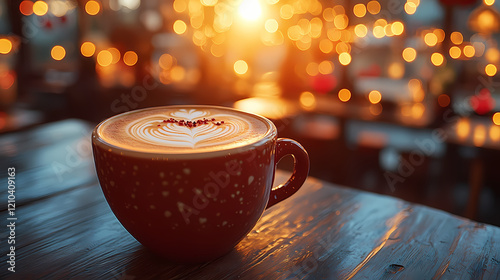Cozy Coffee Shop Interior with Heart-shaped Latte Art and Sunlight