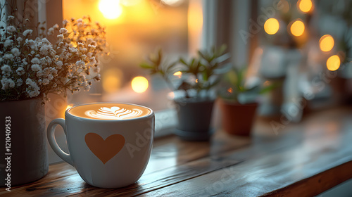 Cozy Coffee Shop Interior with Heart-shaped Latte Art and Sunlight